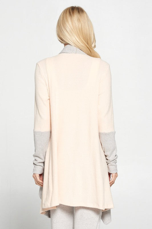 Rib Open Draped Cardigan With Color Block Sleeve-Cardigan-Renee C.-M-PINK/GREY-Urbanheer