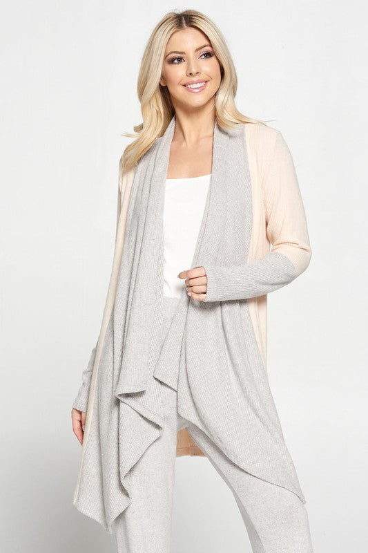 Rib Open Draped Cardigan With Color Block Sleeve-Cardigan-Renee C.-M-PINK/GREY-Urbanheer