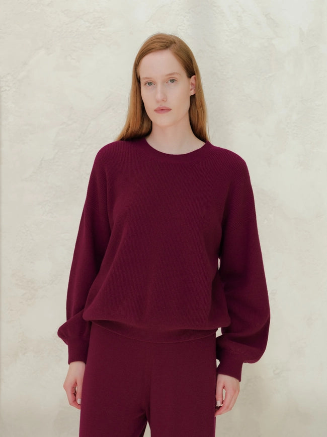 Ribbed Crewneck Sweater in Cashmere Blend with Balloon Sleeves Magenta-Sweater-LÈMME-S-Urbanheer