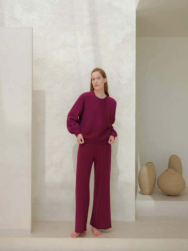 Ribbed Crewneck Sweater in Cashmere Blend with Balloon Sleeves Magenta-Sweater-LÈMME-S-Urbanheer
