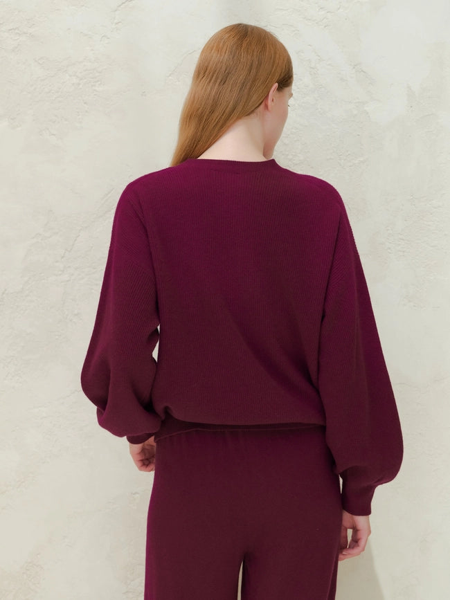 Ribbed Crewneck Sweater in Cashmere Blend with Balloon Sleeves Magenta-Sweater-LÈMME-S-Urbanheer