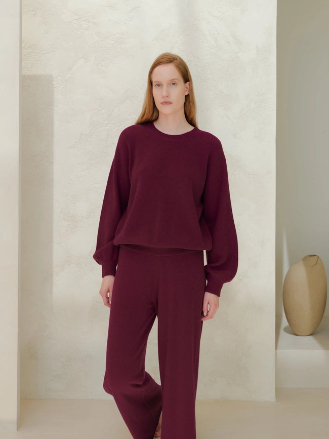 Ribbed Crewneck Sweater in Cashmere Blend with Balloon Sleeves Magenta-Sweater-LÈMME-S-Urbanheer