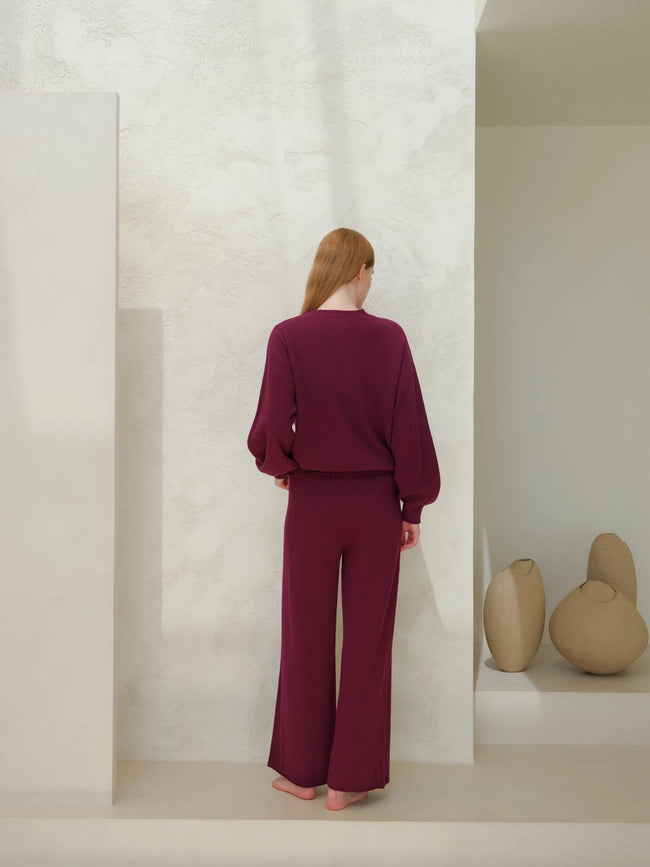 Ribbed Crewneck Sweater in Cashmere Blend with Balloon Sleeves Magenta-Sweater-LÈMME-S-Urbanheer