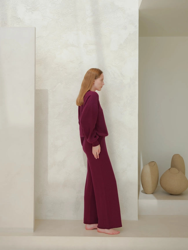 Ribbed Crewneck Sweater in Cashmere Blend with Balloon Sleeves Magenta-Sweater-LÈMME-S-Urbanheer