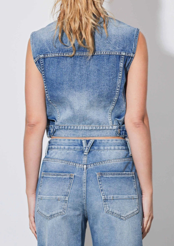 Ribbed Denim Sleeveless Jacket-Jacket-Vibrant M.i.U-S-Medium Stone-Urbanheer