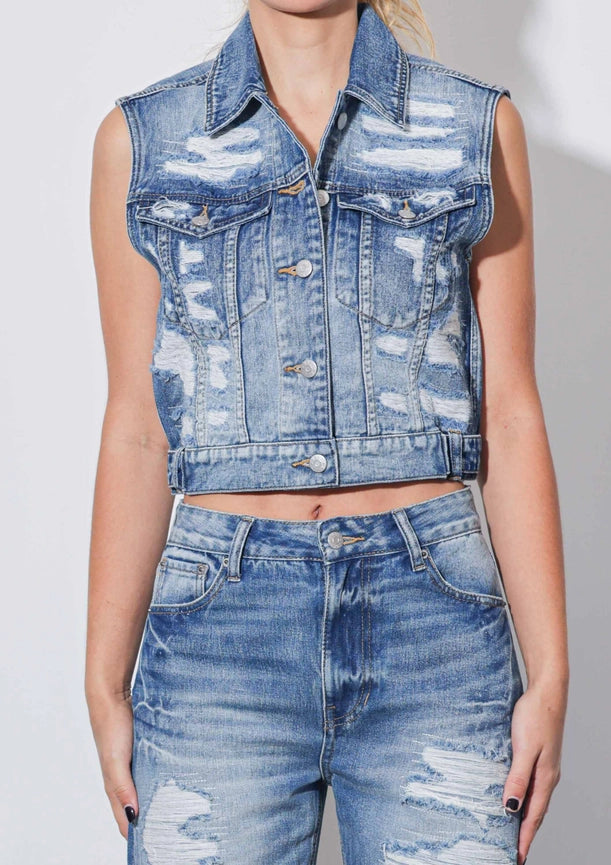 Ribbed Denim Sleeveless Jacket-Jacket-Vibrant M.i.U-S-Medium Stone-Urbanheer