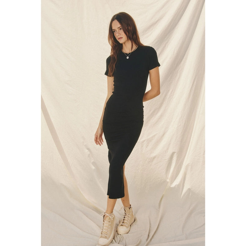 Ribbed Knit Back Slit T-Shirt Dress-Dress-Dress Forum-S-BLACK-Urbanheer