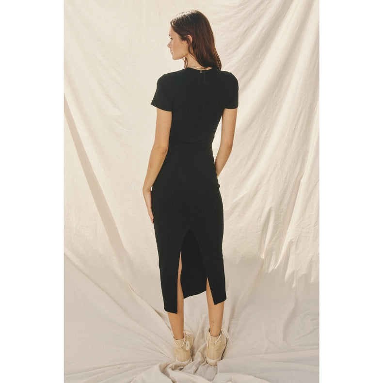 Ribbed Knit Back Slit T-Shirt Dress-Dress-Dress Forum-S-BLACK-Urbanheer