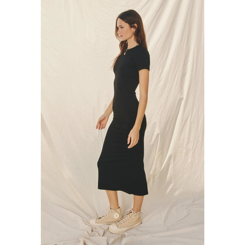 Ribbed Knit Back Slit T-Shirt Dress-Dress-Dress Forum-S-BLACK-Urbanheer