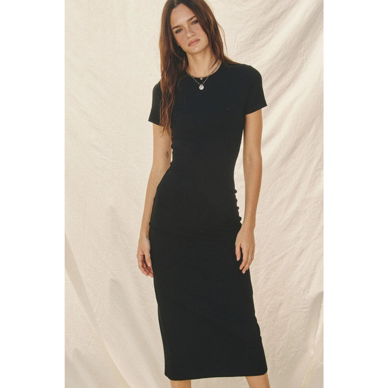 Ribbed Knit Back Slit T-Shirt Dress-Dress-Dress Forum-S-BLACK-Urbanheer