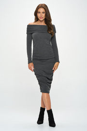 Ribbed Knit Off Shoulder Long Sleeve Bodycon Dress with Ruched Detail-New Arrival-Reneecollection-Small-CHARCOAL-Urbanheer