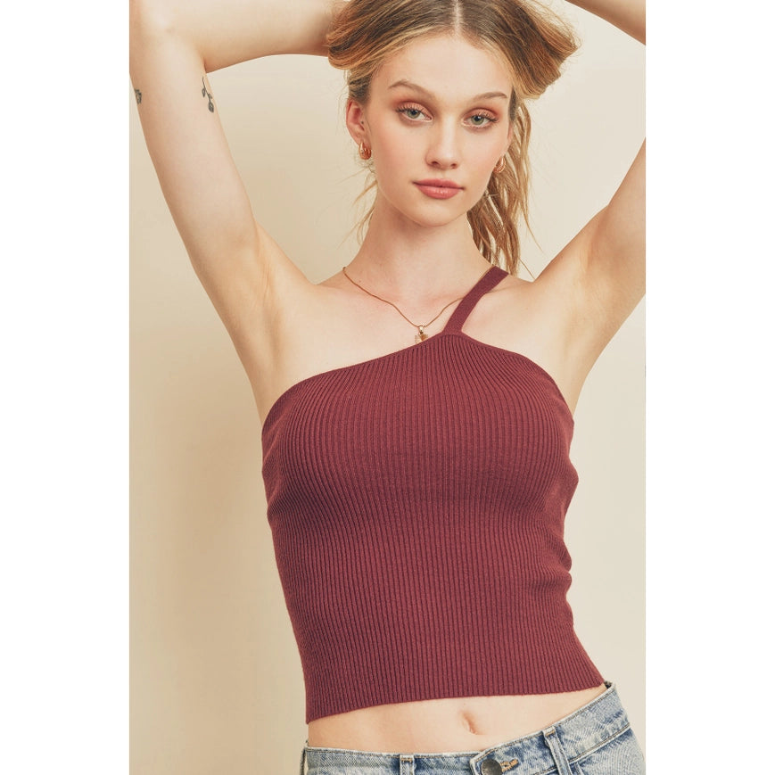 Ribbed Knit One Shoulder Top Burgundy-Top-Dress Forum-S-Urbanheer
