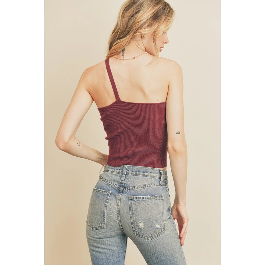 Ribbed Knit One Shoulder Top Burgundy-Top-Dress Forum-S-Urbanheer
