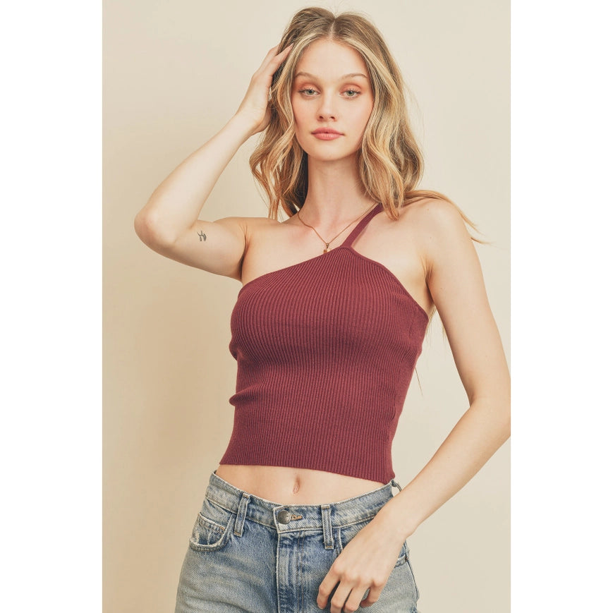 Ribbed Knit One Shoulder Top Burgundy-Top-Dress Forum-S-Urbanheer