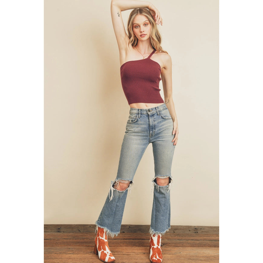 Ribbed Knit One Shoulder Top Burgundy-Top-Dress Forum-S-Urbanheer