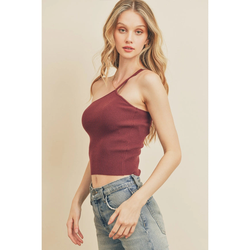 Ribbed Knit One Shoulder Top Burgundy-Top-Dress Forum-S-Urbanheer