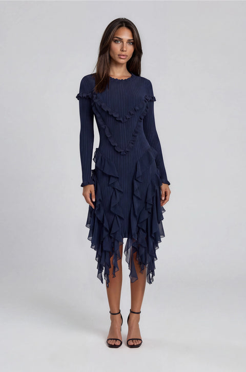 Ribbed Knit Ruffle Midi Dress