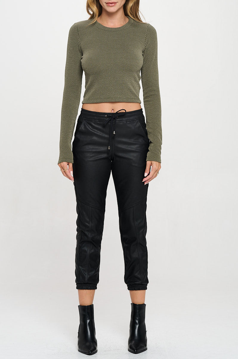 Ribbed Round neck Long Sleeve Crop Top-New Arrival-Reneecollection-Small-OLIVE-Urbanheer