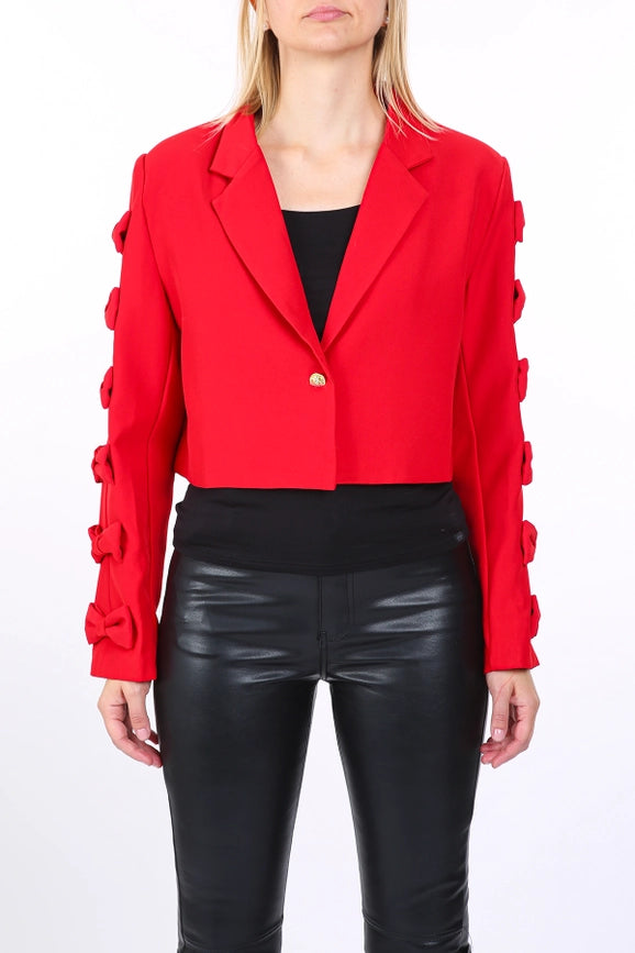 Ribbon Applique On Cutout Sleeves Crop Blazer-Blazer-Beulah Style-S-Red-Urbanheer