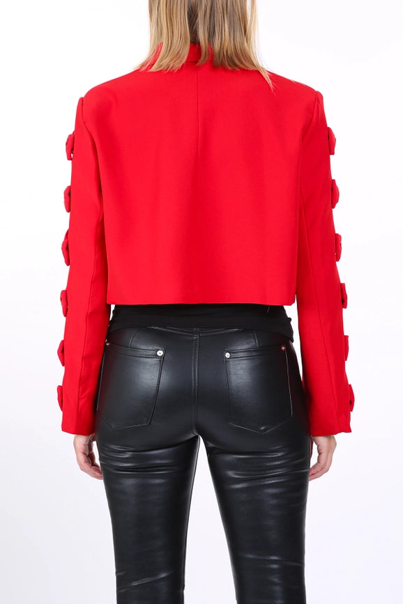 Ribbon Applique On Cutout Sleeves Crop Blazer-Blazer-Beulah Style-S-Red-Urbanheer