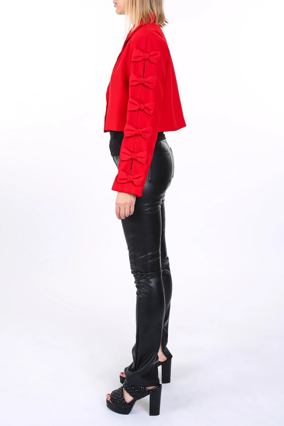Ribbon Applique On Cutout Sleeves Crop Blazer-Blazer-Beulah Style-S-Red-Urbanheer
