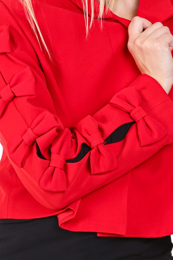 Ribbon Applique On Cutout Sleeves Crop Blazer-Blazer-Beulah Style-S-Red-Urbanheer