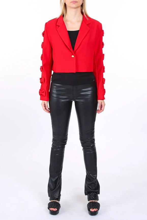 Ribbon Applique On Cutout Sleeves Crop Blazer-Blazer-Beulah Style-S-Red-Urbanheer