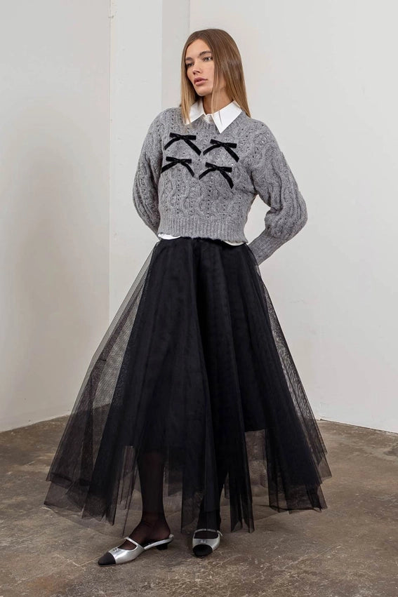 Ribbon Detail Chunky Knit Sweater-Sweater-Moon River-XS-GREY-Urbanheer