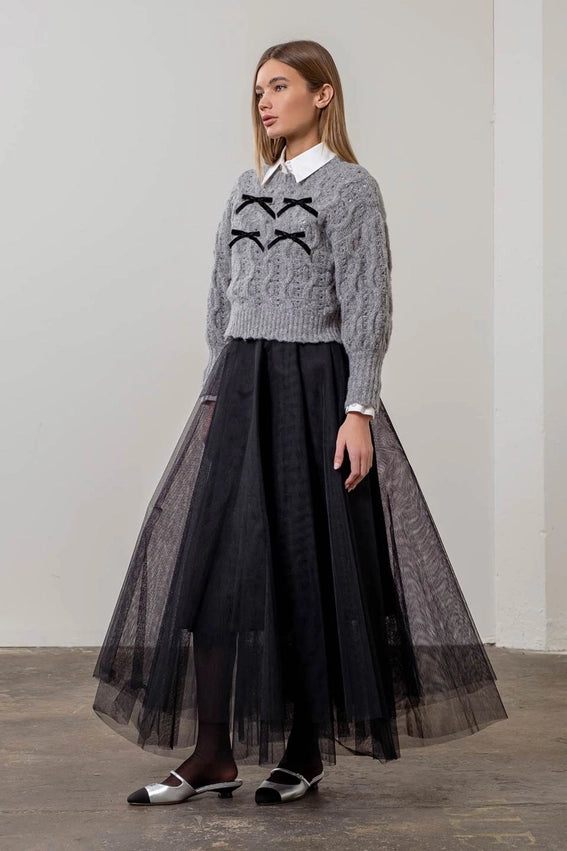 Ribbon Detail Chunky Knit Sweater-Sweater-Moon River-XS-GREY-Urbanheer