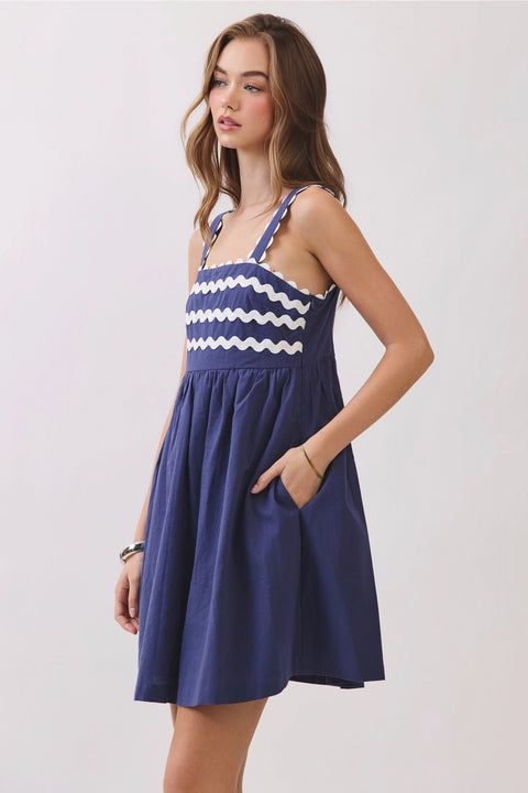 Ric Rac Trim Back Smocked Detail Mini Dress