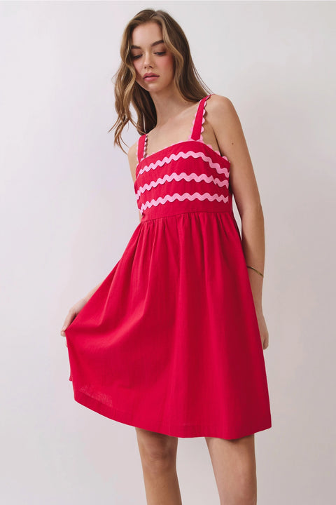 Ric Rac Trim Back Smocked Detail Mini Dress