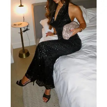 Rio Black Halter-Neck Embellished Maxi Dress