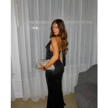 Rio Black Halter-Neck Embellished Maxi Dress