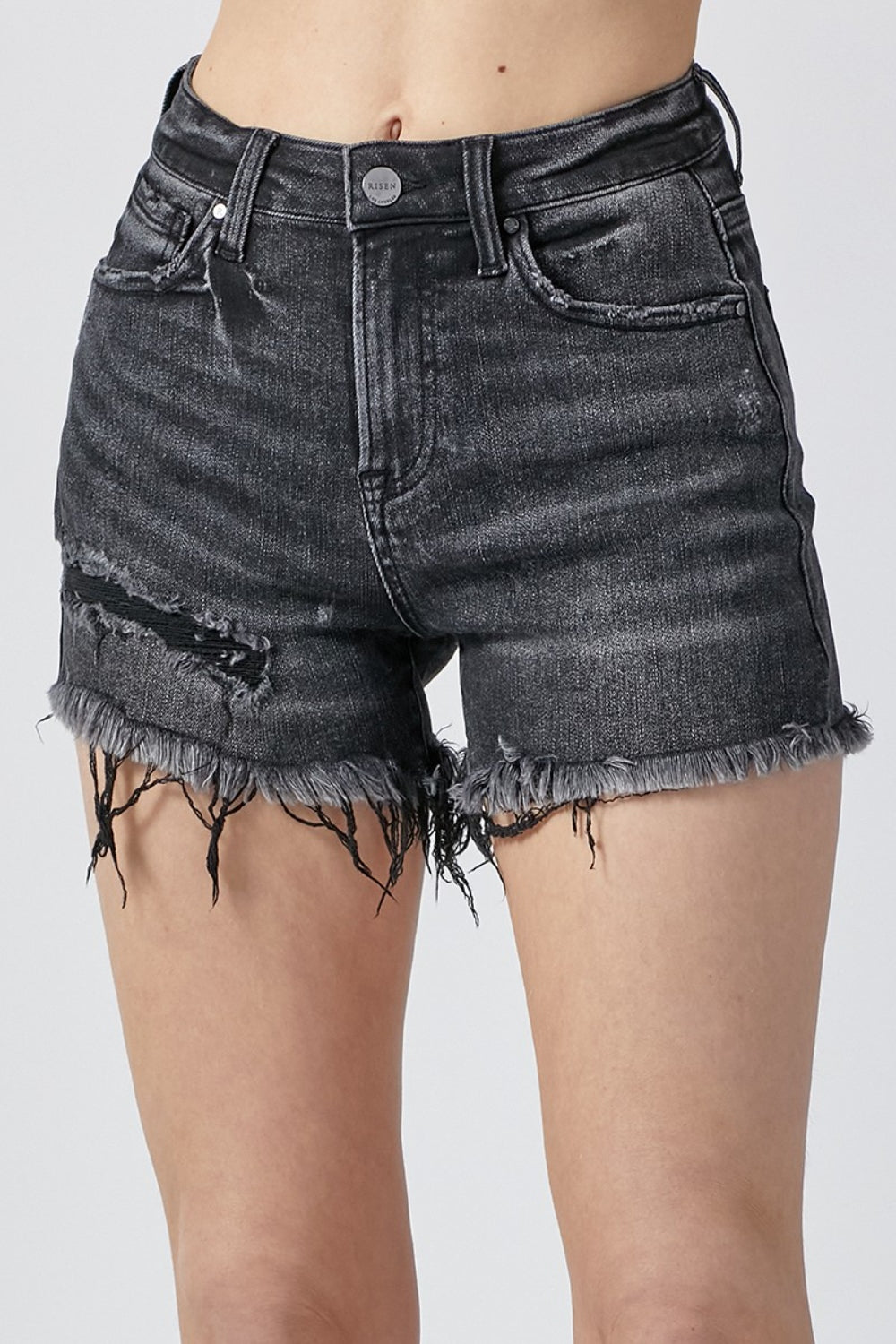 Risen Raw Hem Denim Shorts With Pockets-Risen-Black-S-Urbanheer
