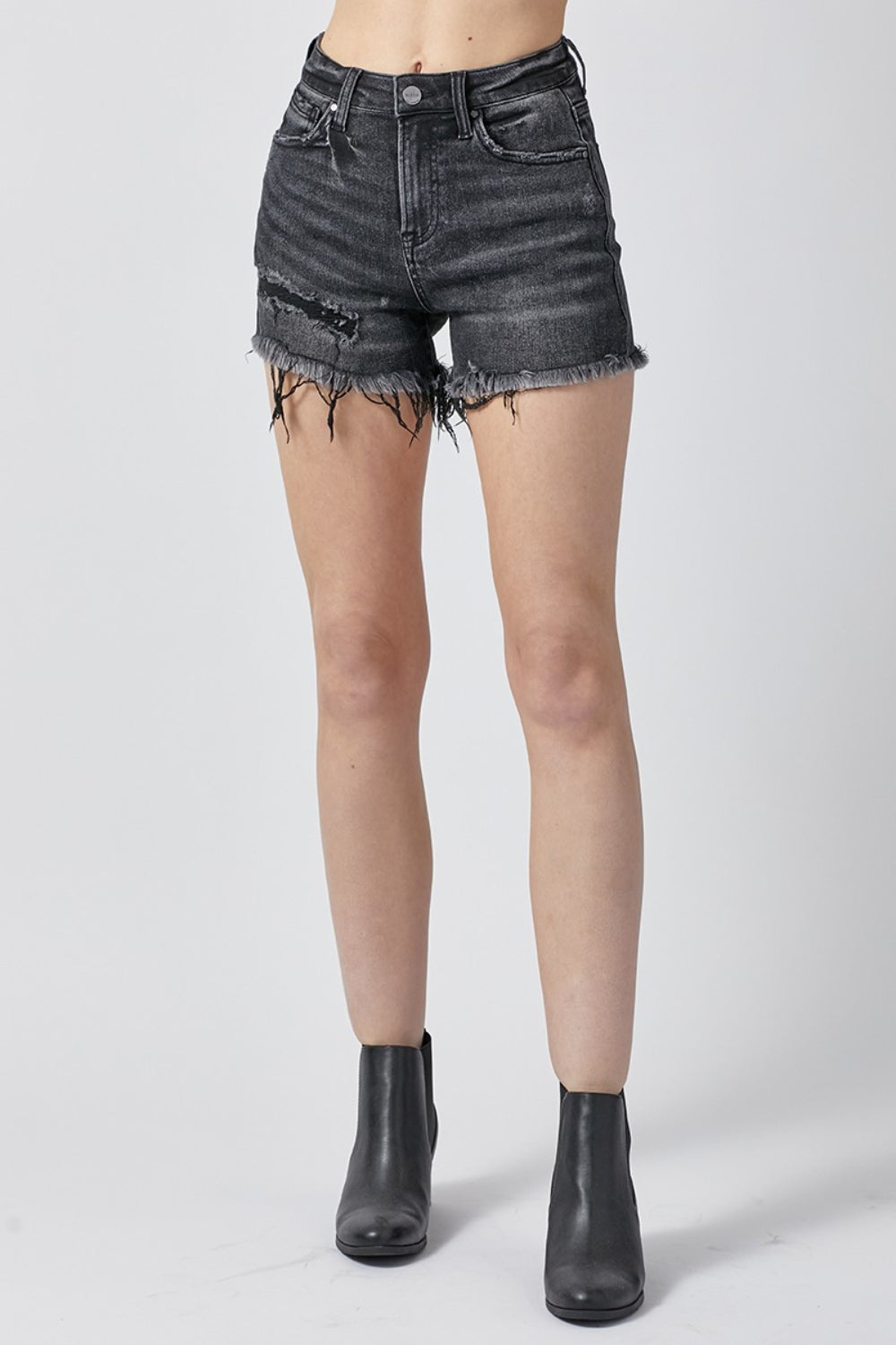 Risen Raw Hem Denim Shorts With Pockets-Risen-Black-S-Urbanheer