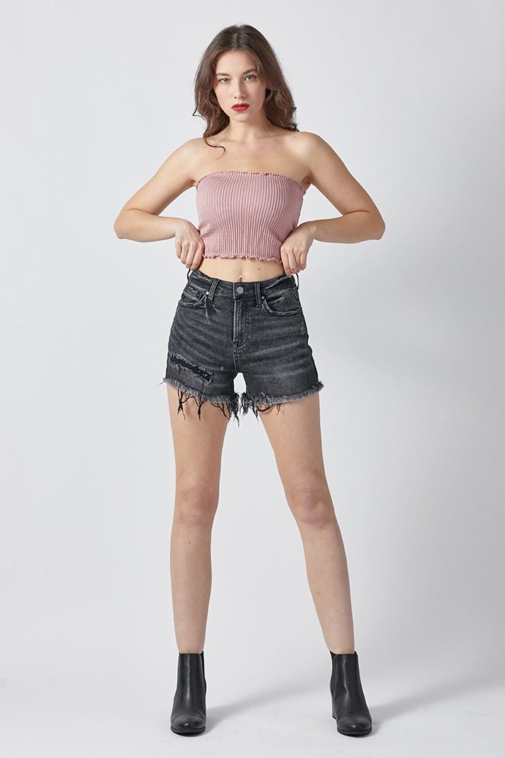 Risen Raw Hem Denim Shorts With Pockets-Risen-Black-S-Urbanheer