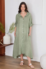 Roll Up Sleeve Linen Button Down Dress-Dress-VENTI6-S-Urbanheer