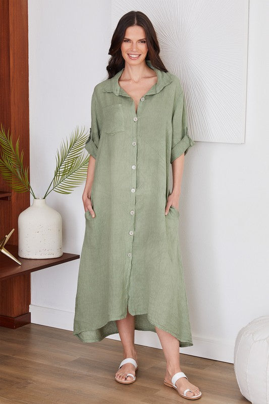 Roll Up Sleeve Linen Button Down Dress-Dress-VENTI6-S-Urbanheer