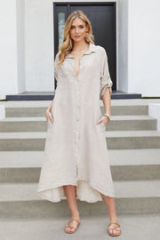 Roll Up Sleeve Linen Button Down Dress-Dress-VENTI6-S-Urbanheer