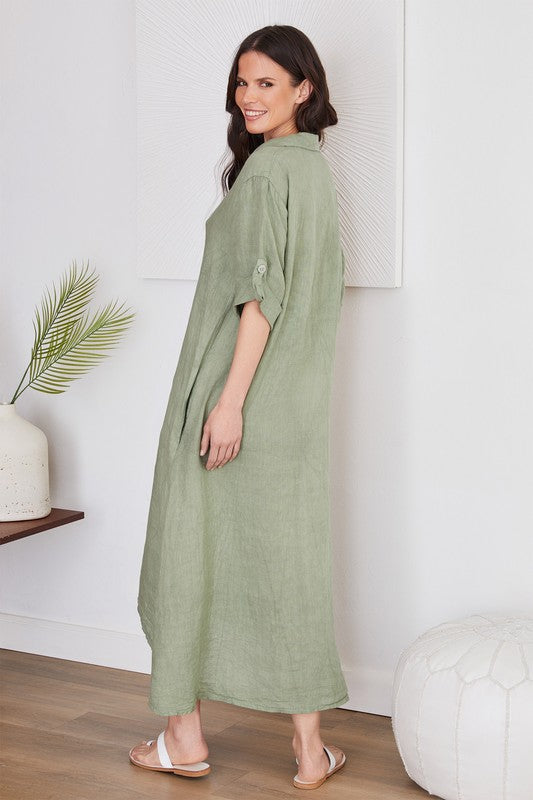 Roll Up Sleeve Linen Button Down Dress-Dress-VENTI6-S-Urbanheer