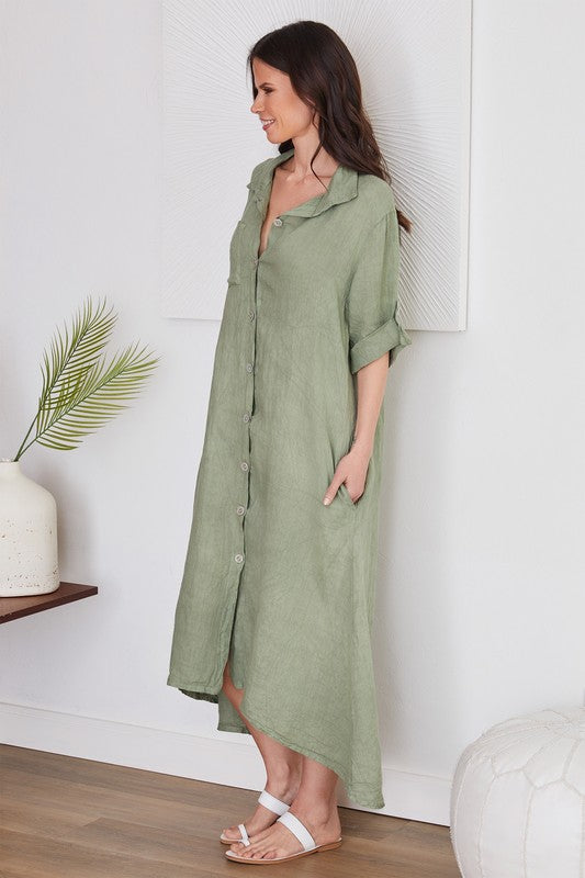 Roll Up Sleeve Linen Button Down Dress-Dress-VENTI6-S-Urbanheer