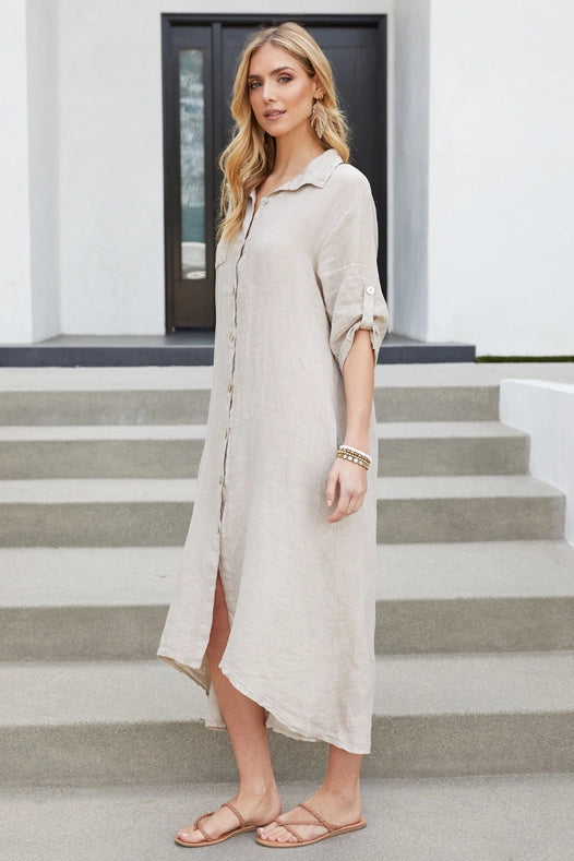 Roll Up Sleeve Linen Button Down Dress Solid-Bei-Dress-VENTI6-S-Urbanheer