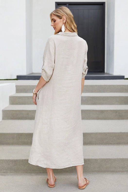 Roll Up Sleeve Linen Button Down Dress Solid-Bei-Dress-VENTI6-S-Urbanheer
