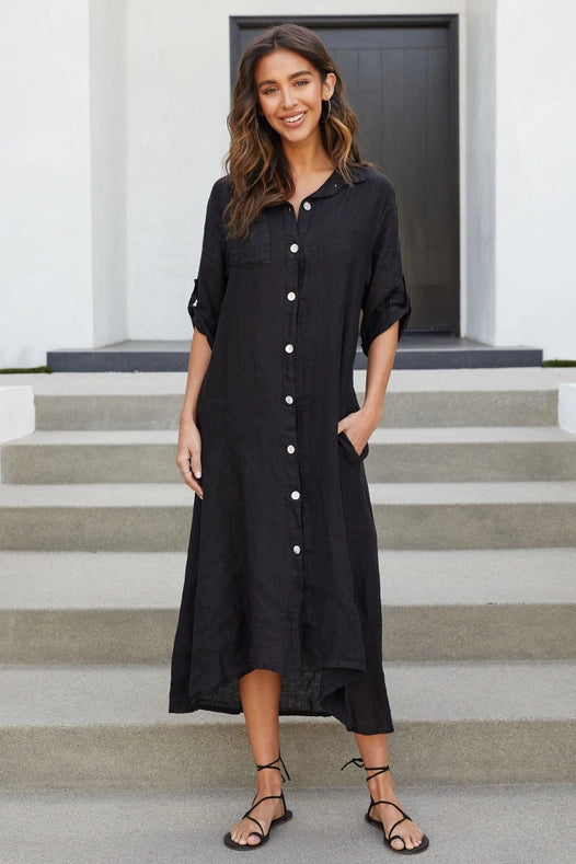 Roll Up Sleeve Linen Button Down Dress Solid-Blk-Dress-VENTI6-S-Urbanheer