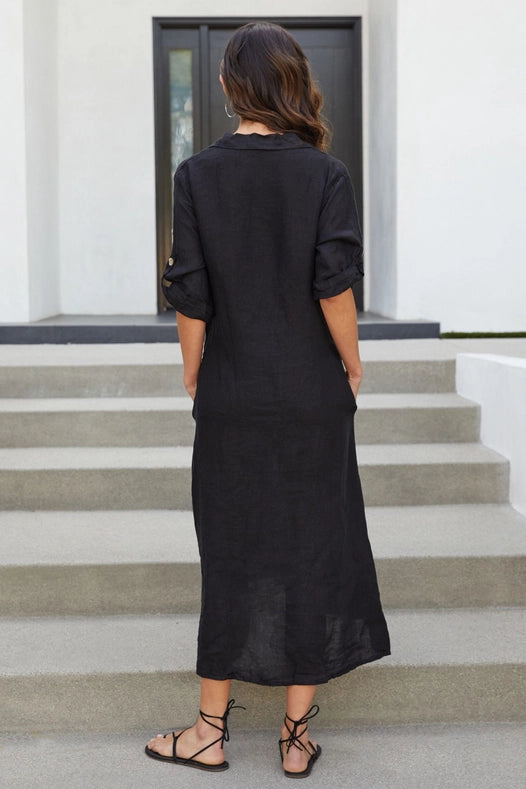 Roll Up Sleeve Linen Button Down Dress Solid-Blk-Dress-VENTI6-S-Urbanheer
