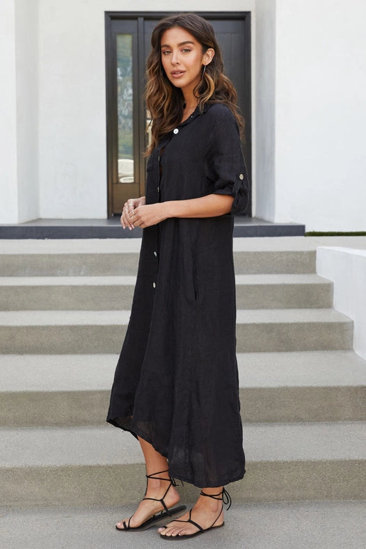 Roll Up Sleeve Linen Button Down Dress Solid-Blk-Dress-VENTI6-S-Urbanheer