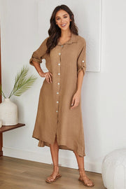 Roll Up Sleeve Linen Button Down Dress Solid-Cml-Dress-VENTI6-S-Urbanheer
