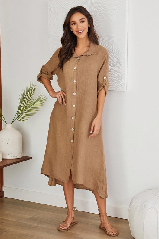 Roll Up Sleeve Linen Button Down Dress Solid-Cml-Dress-VENTI6-S-Urbanheer