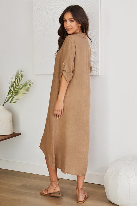 Roll Up Sleeve Linen Button Down Dress Solid-Cml-Dress-VENTI6-S-Urbanheer