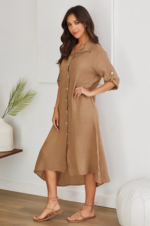 Roll Up Sleeve Linen Button Down Dress Solid-Cml-Dress-VENTI6-S-Urbanheer